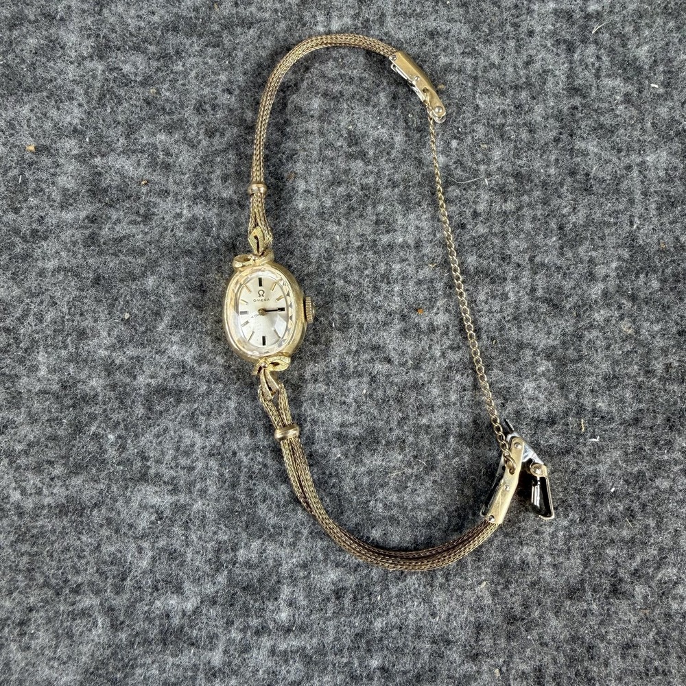 Omega Womens Watch 14k Gold Oval Silver Dial Mesh Band Vintage Swiss Dress